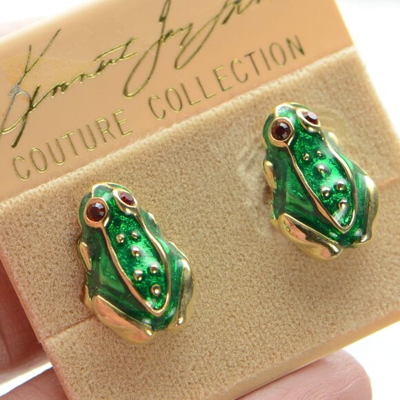 Vintage Kenneth Jay Lane KJL Enamel & Crystal Clip-On Frog Earrings - Picture 2 of 5